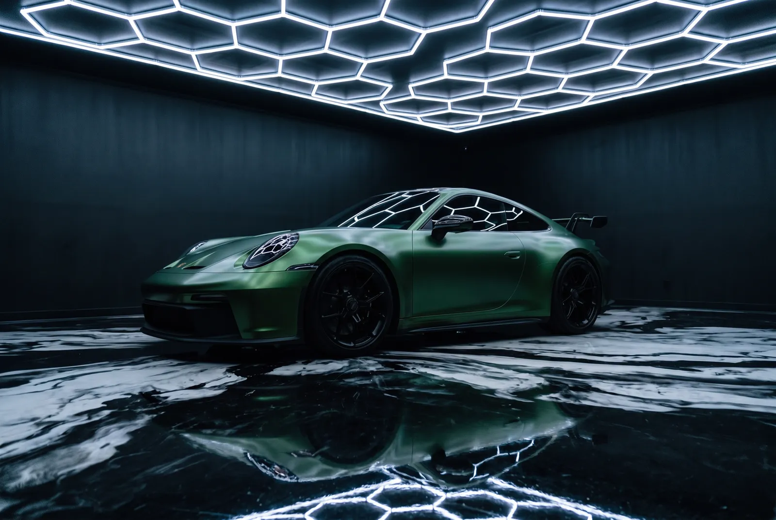 The same Porsche 911 GT3 wrapped in satin Python green