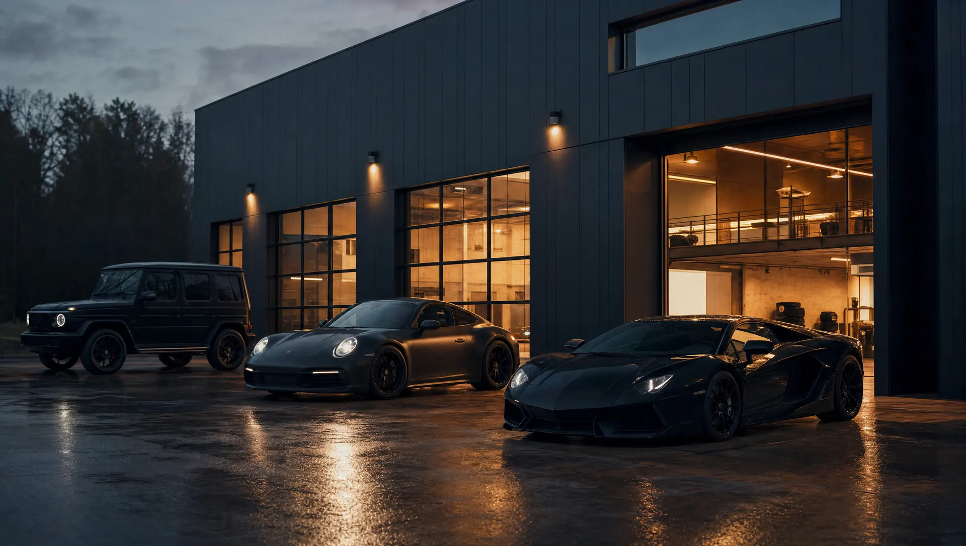 The AutoPlex studio at dusk with warm light in the windows and cars parked out front